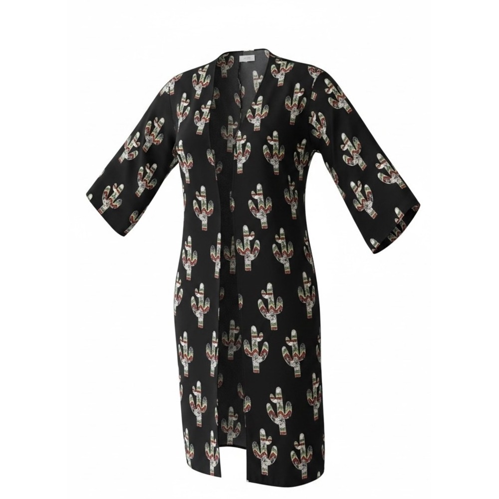 Peach Love California Black‎ Cactus Print Open Front Duster Pockets Size-Small